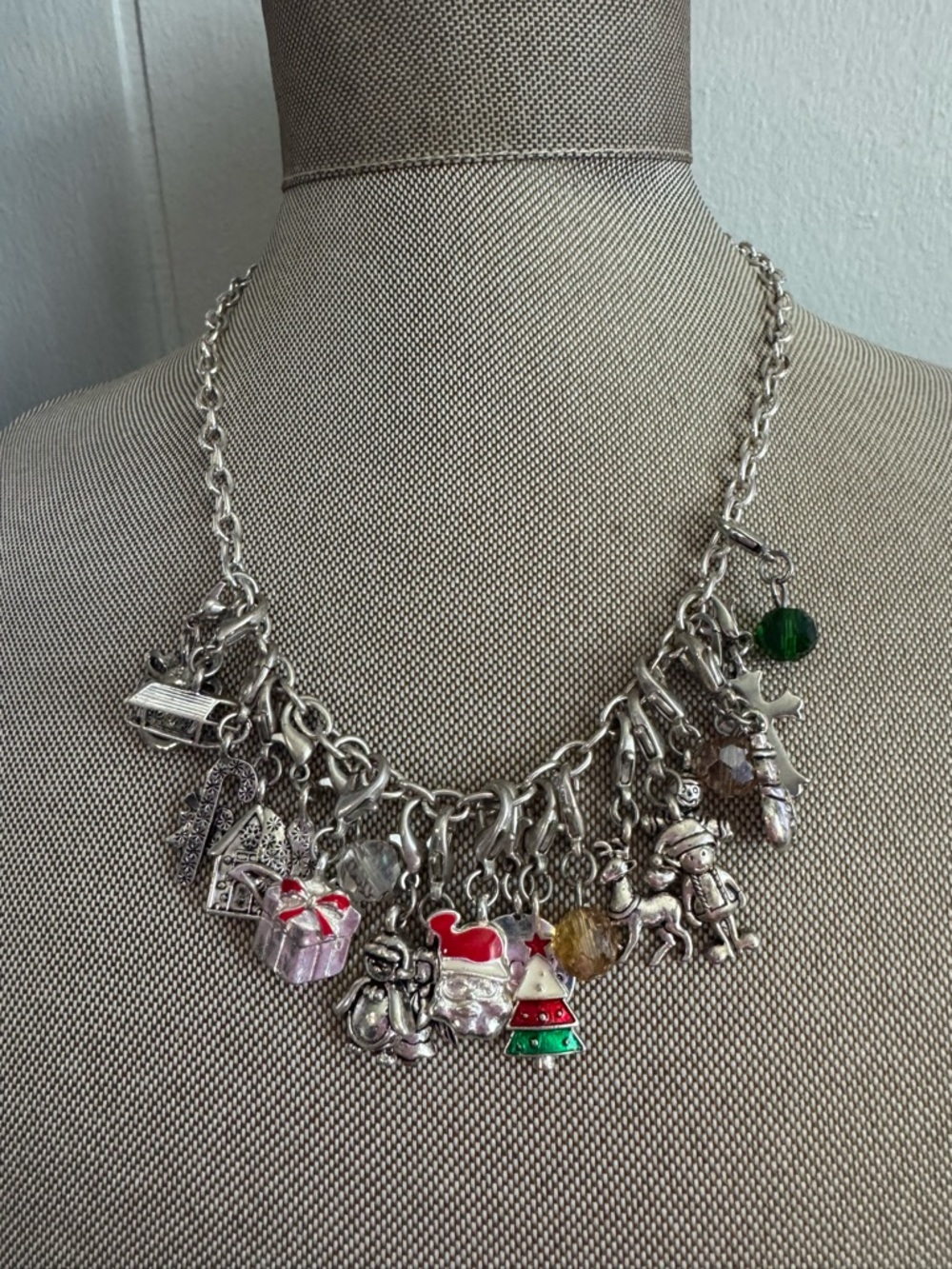 Festive Silver-Tone Charm Necklace with Red & Green Accents